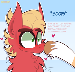 Size: 1359x1307 | Tagged: safe, artist:saveraedae, imported from derpibooru, hitch trailblazer, sprout cloverleaf, earth pony, pony, blushing, boop, cheek fluff, chest fluff, coat markings, cute, dialogue, ear fluff, flustered, g5, gay, heart, hitchsprout, in love, male, my little pony: a new generation, offscreen character, offscreen male, shipping, socks (coat markings), sproutbetes, stallion, stallion on stallion, tsundere, unshorn fetlocks