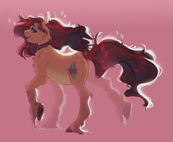 Size: 2433x1999 | Tagged: safe, artist:sannateacupss, imported from derpibooru, oc, oc only, oc:cherry bomb, earth pony, pony, ascot, butt, chest fluff, eyeshadow, female, fluffy, leg fluff, lidded eyes, looking at you, looking back, looking back at you, makeup, mare, offspring, pale belly, parent:flim, parent:torque wrench, pink background, plot, raised hoof, simple background, solo, underhoof, unshorn fetlocks, windswept mane