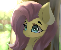Size: 3232x2624 | Tagged: safe, artist:jfrxd, imported from derpibooru, fluttershy, pegasus, pony, bust, female, high res, lens flare, looking at you, mare, portrait, smiling, solo, three quarter view, tree