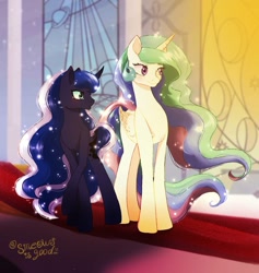 Size: 1422x1497 | Tagged: safe, artist:sjmarts, imported from derpibooru, princess celestia, princess luna, alicorn, pony, 2021, deviantart link, duo, female, flushed face, folded wings, horns, mare, missing accessory, royal sisters, siblings, sisters, wings