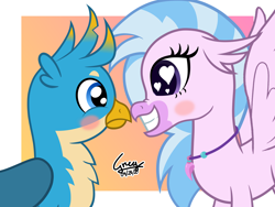 Size: 4096x3072 | Tagged: safe, artist:gregory-the-griffon, imported from derpibooru, gallus, silverstream, classical hippogriff, griffon, hippogriff, blushing, cute, diastreamies, female, gallabetes, gallstream, grin, heart eyes, high res, interspecies, jewelry, male, necklace, shipping, smiling, straight, wingding eyes