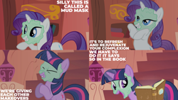 Size: 1280x720 | Tagged: safe, edit, edited screencap, editor:quoterific, imported from derpibooru, screencap, rarity, twilight sparkle, pony, unicorn, look before you sleep, season 1, bipedal, book, cute, eyes closed, female, glowing, glowing horn, golden oaks library, horn, magic, magic aura, mare, mud mask, open mouth, open smile, smiling, telekinesis, twiabetes, unicorn twilight