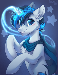 Size: 1555x2000 | Tagged: safe, artist:trickate, imported from derpibooru, oc, oc only, oc:solar gizmo, pony, unicorn, blue background, blue eyes, blushing, cheek fluff, chest fluff, chin fluff, cloak, clothes, ear fluff, eyebrows, eyebrows visible through hair, glowing, glowing horn, grin, horn, looking at you, male, shoulder fluff, simple background, smiling, solo, stallion, unicorn oc