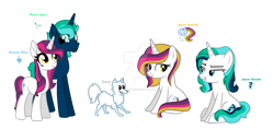 Size: 1280x603 | Tagged: safe, artist:hate-love12, imported from derpibooru, oc, oc:antartica snow, oc:aurora australis, oc:aurora borealis, oc:polaris light, dog, pony, unicorn, deviantart watermark, female, male, mare, obtrusive watermark, simple background, stallion, transparent background, watermark