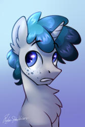 Size: 2000x3000 | Tagged: safe, artist:jedayskayvoker, imported from derpibooru, oc, oc only, oc:dream police, pony, unicorn, bust, chest fluff, colored pupils, ear fluff, eyebrows, eyebrows visible through hair, freckles, gradient background, high res, horn, looking up, male, portrait, solo, stallion