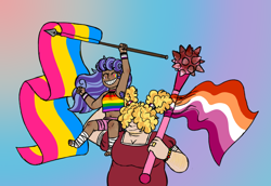 Size: 6754x4635 | Tagged: safe, artist:queenderpyturtle, imported from derpibooru, oc, oc:rotgut, oc:scrapjack, human, absurd resolution, clothes, dark skin, dress, female, flag, humanized, lesbian pride flag, mace, pansexual pride flag, pride, pride flag, size difference, weapon