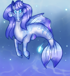 Size: 690x757 | Tagged: safe, artist:jahpan, imported from derpibooru, oc, oc only, merpony, seahorse, seapony (g4), blue eyes, blue mane, bubble, crepuscular rays, dorsal fin, female, fins, fish tail, flowing tail, glowing, looking at you, ocean, solo, sunlight, swimming, tail, underwater, water