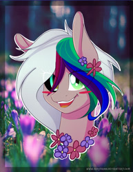Size: 2000x2592 | Tagged: safe, artist:herusann, imported from derpibooru, oc, oc only, earth pony, pony, blush sticker, blushing, bust, female, floral head wreath, flower, heterochromia, high res, mare, smiling