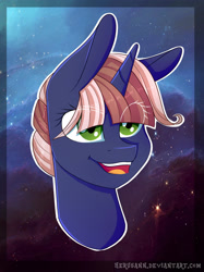 Size: 1833x2447 | Tagged: safe, artist:herusann, imported from derpibooru, oc, oc only, pony, unicorn, bust, eye clipping through hair, eyelashes, female, green eyes, horn, mare, open mouth, open smile, outline, portrait, smiling, solo, stars, two toned mane, unicorn oc, white outline