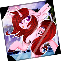Size: 2449x2449 | Tagged: safe, artist:herusann, imported from derpibooru, oc, oc only, alicorn, pony, :p, alicorn oc, eye clipping through hair, female, high res, horn, mare, raised hoof, simple background, tongue out, transparent background, wings