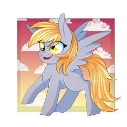 Size: 2000x2000 | Tagged: safe, artist:herusann, imported from derpibooru, derpy hooves, pegasus, pony, blushing, cloud, eye clipping through hair, female, flying, high res, mare, open mouth, open smile, simple background, smiling, solo, spread wings, tail, transparent background, wings, yellow eyes