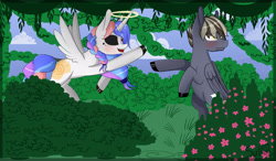 Size: 3209x1868 | Tagged: safe, artist:herusann, imported from derpibooru, oc, oc only, alicorn, pegasus, pony, bipedal, black sclera, blushing, colored hooves, duo, female, halo, male, mare, outdoors, pegasus oc, smiling, wings