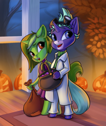 Size: 862x1024 | Tagged: safe, artist:kittytitikitty, imported from derpibooru, oc, oc:diamond miner, oc:lime miner, anthro, unicorn, anthro oc, autumn, bag, bucket, clothes, costume, female, halloween, halloween costume, holiday, jack-o-lantern, male, pumpkin