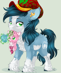 Size: 2365x2834 | Tagged: safe, artist:schokocream, imported from derpibooru, oc, oc only, oc:mad munchkin, earth pony, pony, unicorn, duo, ear piercing, earring, earth pony oc, glowing, glowing horn, hat, high res, holding a pony, horn, jewelry, magic, male, mouth hold, piercing, simple background, stallion, telekinesis, unicorn oc, unshorn fetlocks