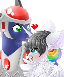 Size: 2834x3401 | Tagged: safe, artist:schokocream, imported from derpibooru, oc, oc only, oc:lightning bliss, alicorn, earth pony, pony, alicorn oc, armor, blushing, chest fluff, duo, earth pony oc, female, heart, helmet, high res, horn, male, mare, oc x oc, shipping, simple background, smiling, stallion, white background, wings