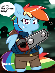 Size: 768x1024 | Tagged: safe, artist:tranzmuteproductions, imported from derpibooru, rainbow dash, pegasus, pony, undead, zombie, zombie pony, bipedal, chainsaw, clothes, evil dead, eyelashes, female, mare, pants, smiling, smirk, talking, wings