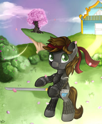 Size: 1280x1554 | Tagged: safe, artist:appleneedle, imported from derpibooru, oc, oc:comet fire, pegasus, pony, bipedal, cherry blossoms, cherrytree, flower, flower blossom, ghost of tsushima, nature, samurai, sword, tree, weapon