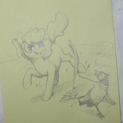 Size: 1280x1280 | Tagged: safe, artist:purmu, imported from derpibooru, apple bloom, bird, earth pony, pony, female, filly, traditional art