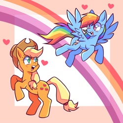 Size: 1500x1500 | Tagged: safe, artist:art_kett1412, imported from derpibooru, applejack, rainbow dash, earth pony, pegasus, pony, appledash, female, floating heart, flying, heart, lesbian, lesbian pride flag, open mouth, pride, pride flag, rainbow, rearing, shipping