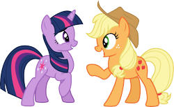 Size: 4849x3000 | Tagged: safe, artist:cloudy glow, imported from derpibooru, applejack, twilight sparkle, earth pony, pony, unicorn, .ai available, applejack's hat, cowboy hat, duo, female, freckles, hat, high res, looking at each other, mare, nose wrinkle, open mouth, raised hoof, simple background, smiling, transparent background, unicorn twilight, vector