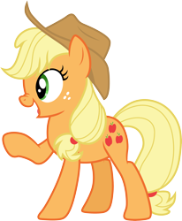 Size: 3000x3641 | Tagged: safe, artist:cloudy glow, imported from derpibooru, applejack, earth pony, pony, .ai available, applejack's hat, cowboy hat, female, freckles, hat, high res, mare, nose wrinkle, open mouth, raised hoof, simple background, smiling, solo, transparent background, vector