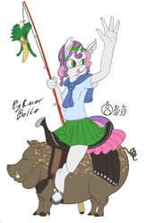 Size: 776x1200 | Tagged: safe, artist:sepiakeys, imported from derpibooru, sweetie belle, anthro, pig, unguligrade anthro, unicorn, carrot, carrot on a stick, clothes, food, four fingers, saddle, shirt, simple background, skirt, solo, tack, white background