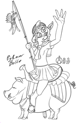 Size: 776x1200 | Tagged: safe, alternate version, artist:sepiakeys, imported from derpibooru, sweetie belle, anthro, pig, unguligrade anthro, unicorn, carrot, carrot on a stick, clothes, food, four fingers, monochrome, saddle, shirt, simple background, skirt, solo, tack, white background