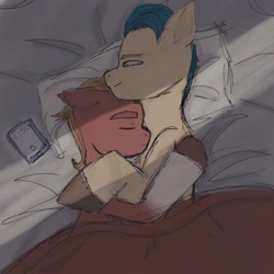 Size: 1280x1280 | Tagged: safe, artist:yo_shkinkot, imported from derpibooru, hitch trailblazer, sprout cloverleaf, earth pony, pony, bed, blanket, cellphone, g5, gay, hitchsprout, hug, male, my little pony: a new generation, phone, pillow, shipping, sleeping, snuggling, stallion, stallion on stallion