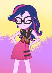 Size: 749x1050 | Tagged: safe, artist:nehvix, imported from derpibooru, sci-twi, twilight sparkle, cheer you on, equestria girls, spoiler:eqg series (season 2), abstract background, alternate hairstyle, clothes swap, eyes closed, female, glasses, solo