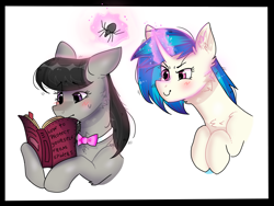 Size: 1280x963 | Tagged: safe, artist:valkiria, imported from derpibooru, dj pon-3, octavia melody, vinyl scratch, earth pony, pony, spider, unicorn, behind you, blushing, book, bowtie, cheek fluff, chest fluff, duo, ear fluff, eyebrows, eyebrows visible through hair, female, floppy ears, glowing, glowing horn, horn, levitation, magic, mare, prank, reading, simple background, smiling, smirk, telekinesis, this will not end well, white background