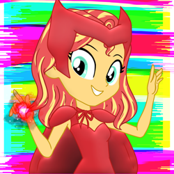 Size: 1050x1050 | Tagged: safe, artist:nehvix, imported from derpibooru, sunset shimmer, equestria girls, abstract background, clothes, cosplay, costume, female, looking at you, magic, raised hand, scarlet witch, solo