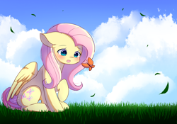 Size: 1000x700 | Tagged: safe, artist:dddreamdraw, imported from derpibooru, fluttershy, butterfly, pegasus, pony, blushing, cloud, cute, female, floppy ears, grass, leaves, looking at something, mare, open mouth, raised hoof, shyabetes, sitting, solo, wings