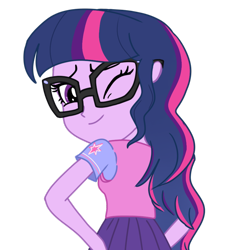 Size: 856x908 | Tagged: safe, artist:nehvix, imported from derpibooru, sci-twi, twilight sparkle, equestria girls, female, glasses, looking at you, looking back, looking back at you, looking over shoulder, one eye closed, simple background, solo, transparent background