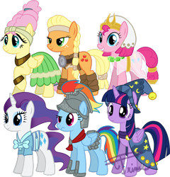 Size: 800x834 | Tagged: safe, artist:crowneprince, imported from derpibooru, applejack, flash magnus, fluttershy, meadowbrook, mistmane, pinkie pie, rainbow dash, rarity, rockhoof, somnambula, star swirl the bearded, twilight sparkle, alicorn, earth pony, pegasus, pony, unicorn, armor, clothes, cosplay, costume, egyptian, egyptian headdress, egyptian pony, female, mane six, mare, pillars of equestria, simple background, transparent background