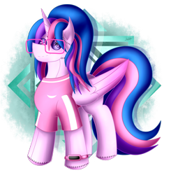 Size: 1274x1300 | Tagged: safe, artist:thebenalpha, imported from derpibooru, oc, oc only, oc:hsu amity, alicorn, pony, alicorn oc, clothes, commission, female, glasses, horn, partial background, plushie, simple background, solo, transparent background, wings