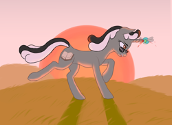 Size: 1500x1100 | Tagged: safe, artist:rosik, imported from derpibooru, oc, oc:badluck dice, parasprite, pony, unicorn, blood, cyoa, dawn, female, grin, hooves, horn, mare, open mouth, prpg, running, smiling, solo, sunglasses, sunset