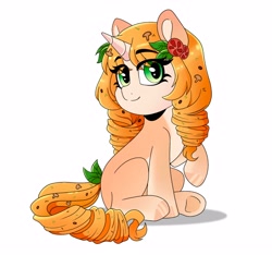 Size: 3200x3000 | Tagged: safe, artist:rand-dums, imported from derpibooru, oc, oc only, oc:italiana, food pony, pony, unicorn, female, food, high res, horn, italian food, mushroom, ponified, simple background, sitting, solo, tomato, unicorn oc, white background