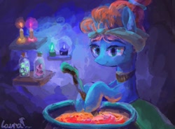 Size: 1023x756 | Tagged: safe, artist:laurasrxfgcc, imported from derpibooru, meadowbrook, earth pony, pony, candle, cauldron, female, hoof hold, mare, smiling, solo