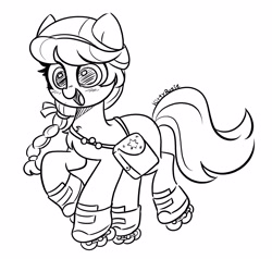 Size: 3543x3380 | Tagged: safe, artist:kittyrosie, imported from derpibooru, sunny starscout, earth pony, pony, bag, black and white, cute, female, g5, grayscale, helmet, high res, lineart, monochrome, my little pony: a new generation, roller skates, simple background, solo, sunnybetes, white background