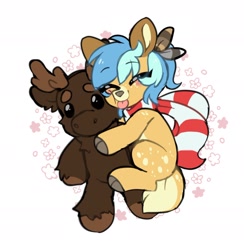 Size: 1482x1521 | Tagged: safe, artist:chimemaplewood, imported from derpibooru, oc, oc:chime, deer, deer pony, original species, blue hair, clothes, cute, deer oc, feather, female, ocbetes, plushie, scarf, striped scarf