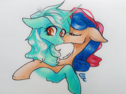 Size: 4000x3000 | Tagged: safe, artist:rover, artist:rrrover, imported from derpibooru, bon bon, lyra heartstrings, sweetie drops, earth pony, pony, unicorn, cheek kiss, cute, duo, female, heart eyes, kissing, lesbian, lyrabon, mare, shipping, traditional art, wingding eyes