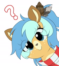 Size: 1740x1922 | Tagged: safe, artist:chimemaplewood, imported from derpibooru, oc, oc:chime, deer, deer pony, original species, blue hair, clothes, deer oc, feather, female, looking at you, question mark, scarf, smiling, smiling at you, striped scarf