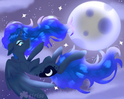 Size: 1024x820 | Tagged: safe, artist:kanimay, imported from derpibooru, princess luna, alicorn, pony, falling, female, floppy ears, mare, moon, night, night sky, sky, solo, spread wings, wings
