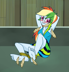 Size: 1394x1458 | Tagged: safe, artist:splendidbondage, imported from derpibooru, part of a set, rainbow dash, equestria girls, ankle tied, armpit tickling, armpits, barefoot, blushing, bondage, clothes, feather, feet, female, fetish, foot fetish, rainbow rocks outfit, rope, set:rainbooms in bondage, skirt, soles, solo, tickle torture, tickling, tied up, toes