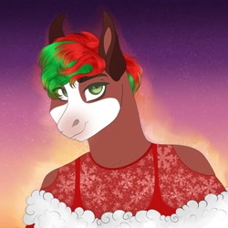Size: 2000x2000 | Tagged: safe, artist:inisealga, imported from derpibooru, oc, oc only, oc:mocha frost, anthro, pegasus, abstract background, bust, christmas, coat markings, dyed hair, facial markings, female, gradient background, high res, holiday, mare, markings, pegasus oc