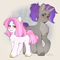 Size: 2150x2150 | Tagged: safe, artist:coffune, imported from derpibooru, oc, oc:el, oc:ronya, earth pony, pony, unicorn, duo, female, high res, larger male, male, mare, smaller female, stallion