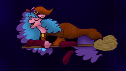 Size: 2560x1440 | Tagged: safe, artist:bella-pink-savage, imported from derpibooru, oc, oc only, earth pony, pony, broom, eyes closed, female, flying, flying broomstick, hat, open mouth, singing, solo, witch costume, witch hat