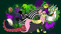 Size: 2560x1440 | Tagged: safe, artist:bella-pink-savage, imported from derpibooru, discord, fluttershy, draconequus, pegasus, pony, beetlejuice, clothes, crossover, duo, female, lydia deetz, male, signature, snaggletooth