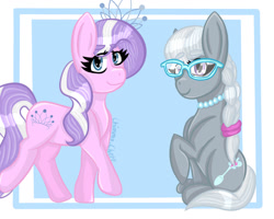 Size: 1280x1024 | Tagged: safe, artist:anastasiaplisetskaya, imported from derpibooru, diamond tiara, silver spoon, earth pony, pony, braided ponytail, duo, female, filly, glasses, jewelry, necklace, ponytober, smiling, tiara