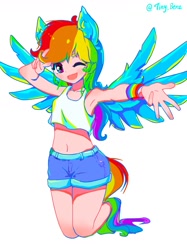 Size: 967x1290 | Tagged: safe, artist:tinybenz, imported from derpibooru, rainbow dash, human, armpits, clothes, cute, dashabetes, denim shorts, eared humanization, female, humanized, one eye closed, open mouth, short shirt, shorts, simple background, solo, sports bra, tail, tailed humanization, white background, winged humanization, wings, wink, wristband